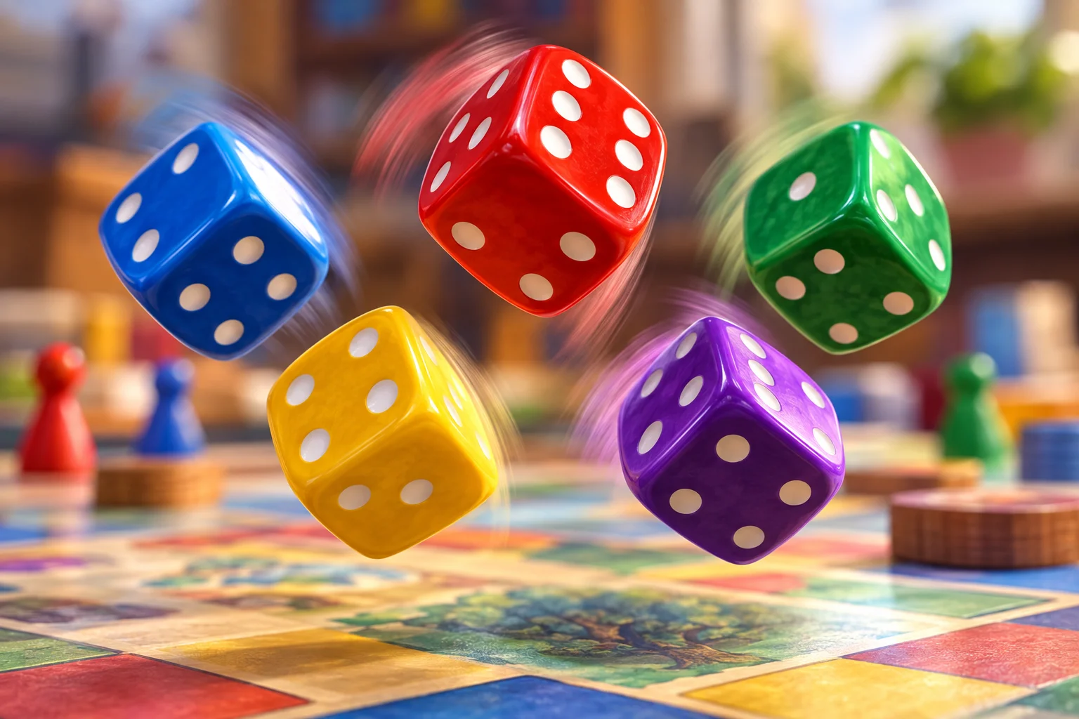Vijf kleurrijke dobbelstenen boven een speltafel.